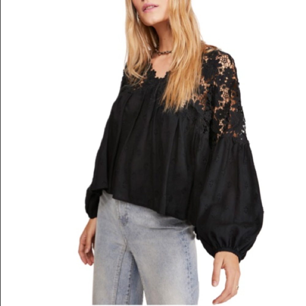 FREE PEOPLE LIna Embroidered Lace Top NWT S Black
